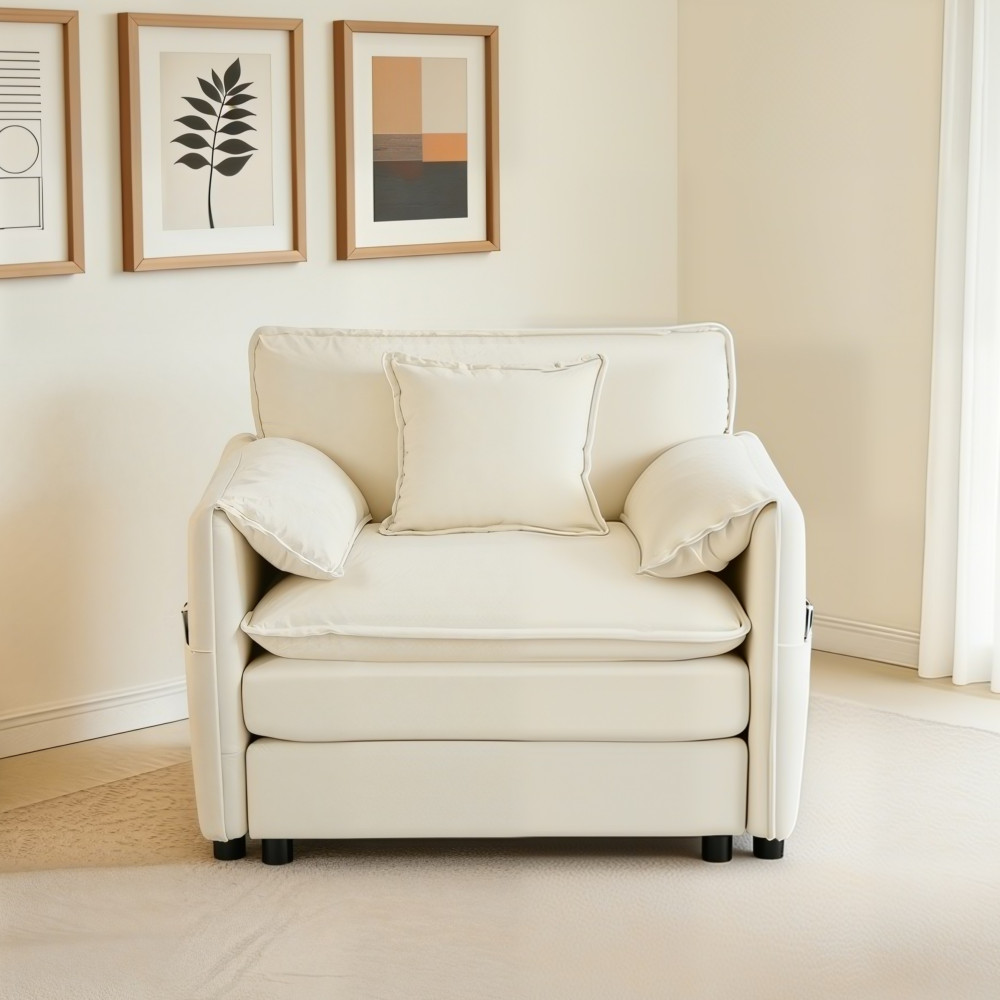 Modern Beige Chenille Armchair w/ Pillow for Living Room, Bedroom