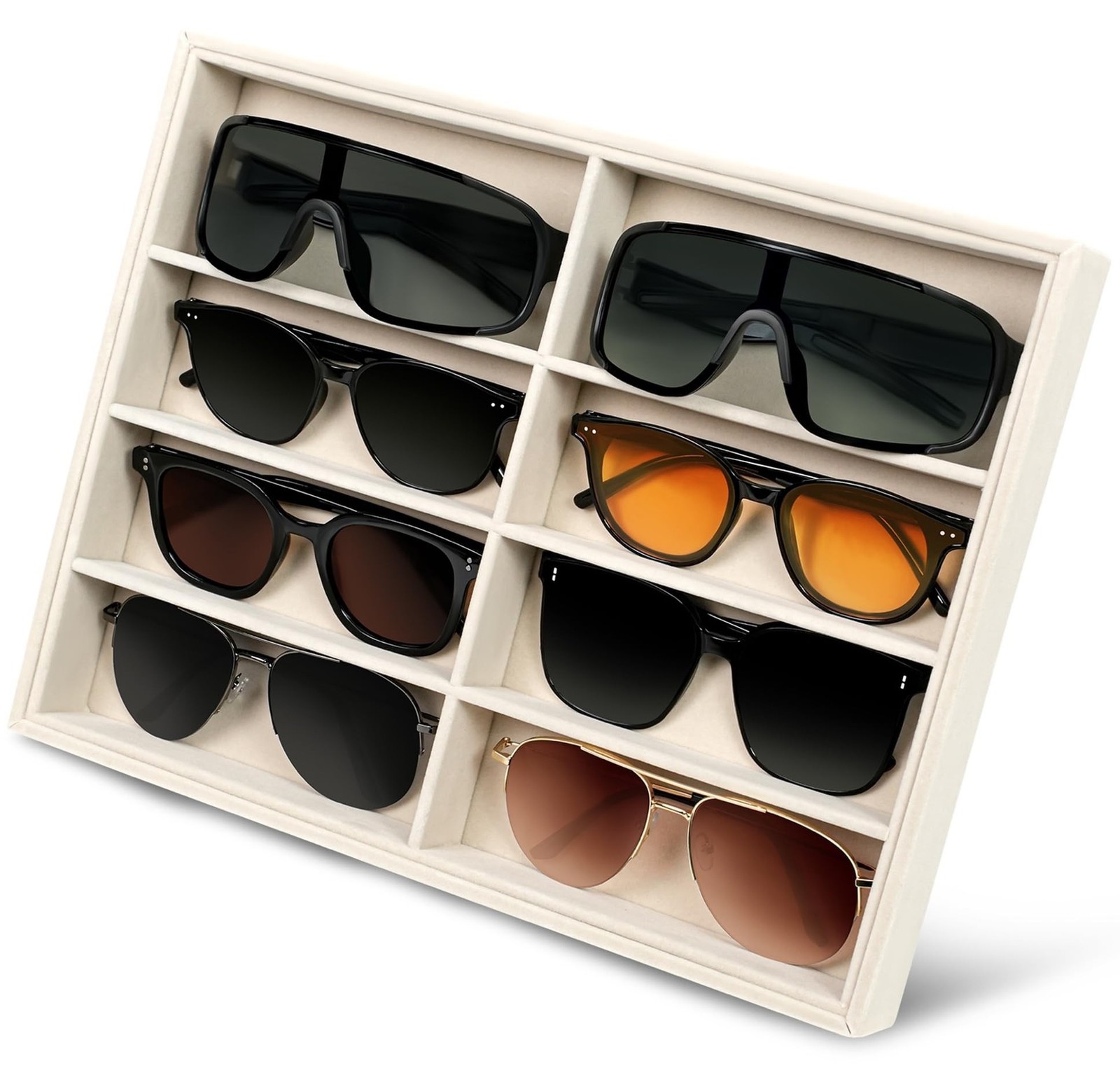 Velvet Sunglass Organizer Tray – 8-Slot Glasses Holder (2 Large, 6 Std), S