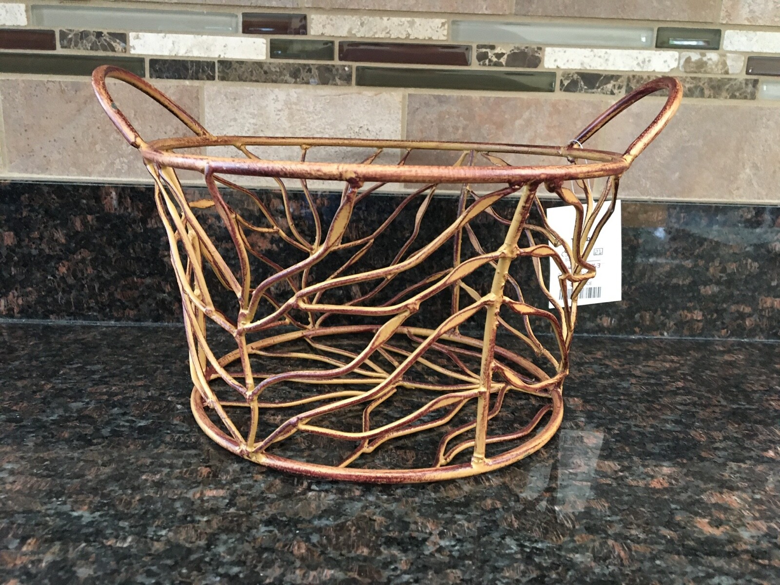 Brown Metal Wire Basket Twig Branch Design 6” Tall x 8-10" Diameter