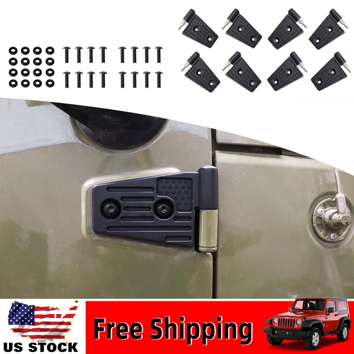 For Jeep Wrangler JK 2007-2017 4Door 8PCS US Flag Black Aluminum Door Hinge Kit