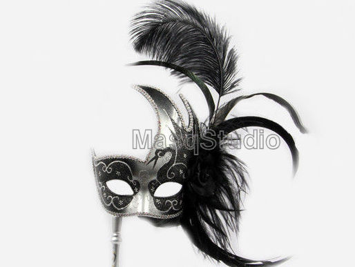 Black Gold Silver Ostrich Masquerade stick mask Surprise birthday wedding party