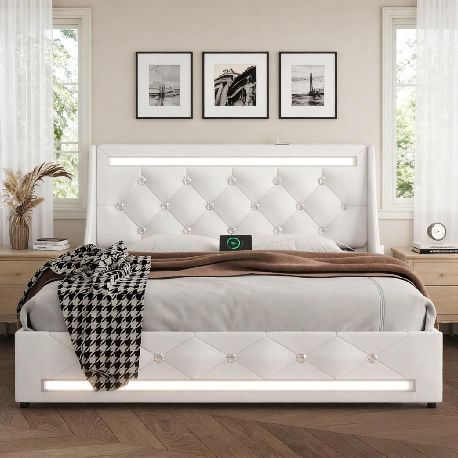 Full LED PU Leather Platform Bed w/ 2 Drawers and Diamond Headboard & USB Ports