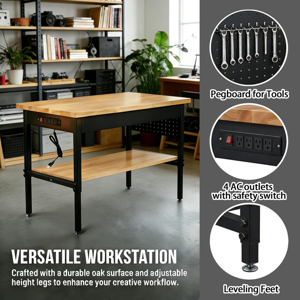 70"x22" Adjustable Workbench with Power Outlet, Heavy Duty 2500LBS Load Capacity