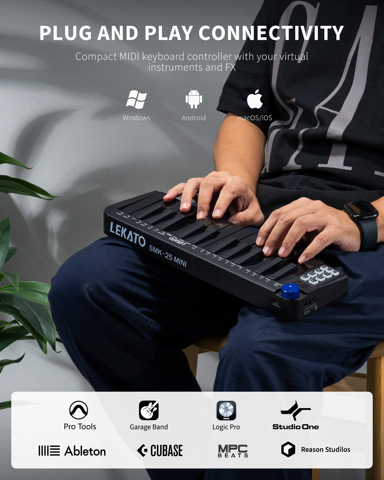 LEKATO 25 Key MIDI Controller Bluetooth MIDI Keyboard 360 Knob Rechargeable