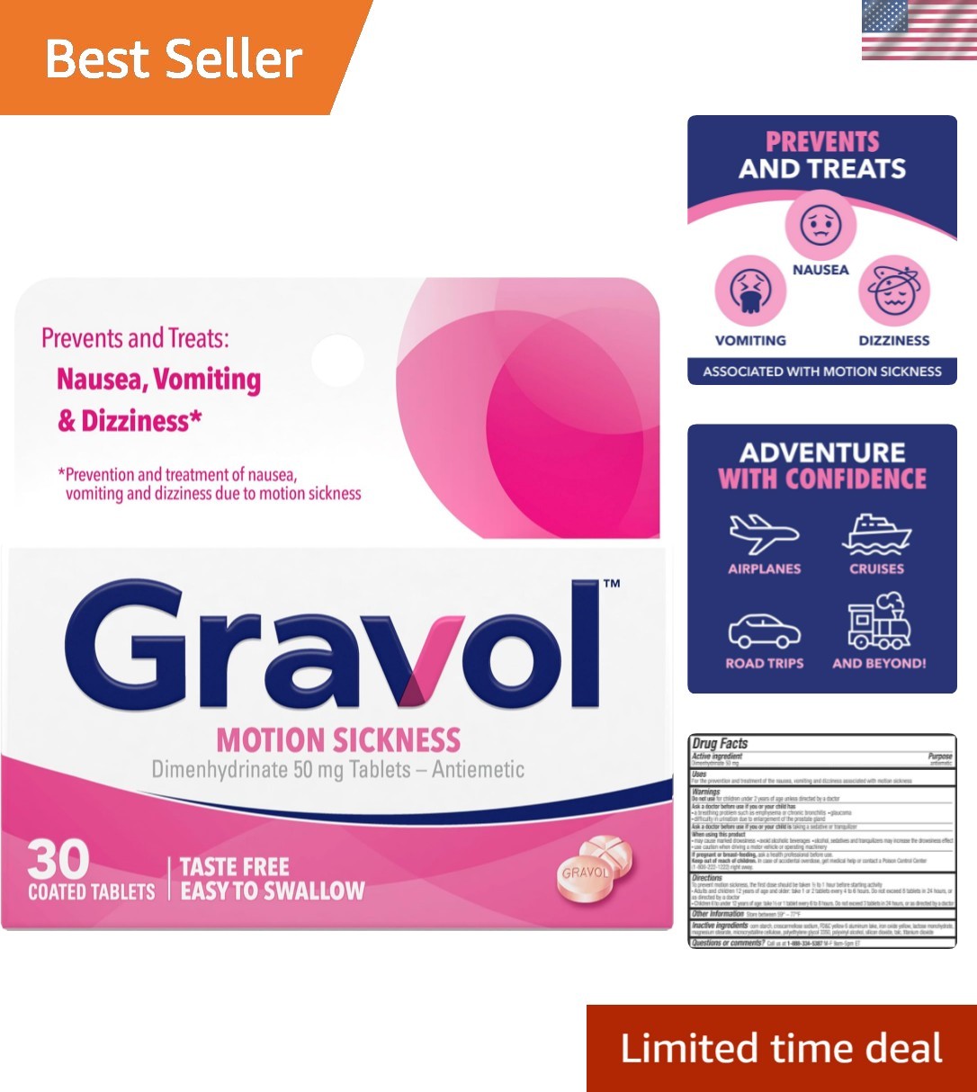 Motion Sickness Relief and Nausea Prevention, Easy to Swallow Coated Tablets,...