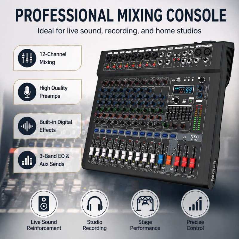 12-channel professional mixer with 99 DSP effects and Bluetooth/USB connectivity
