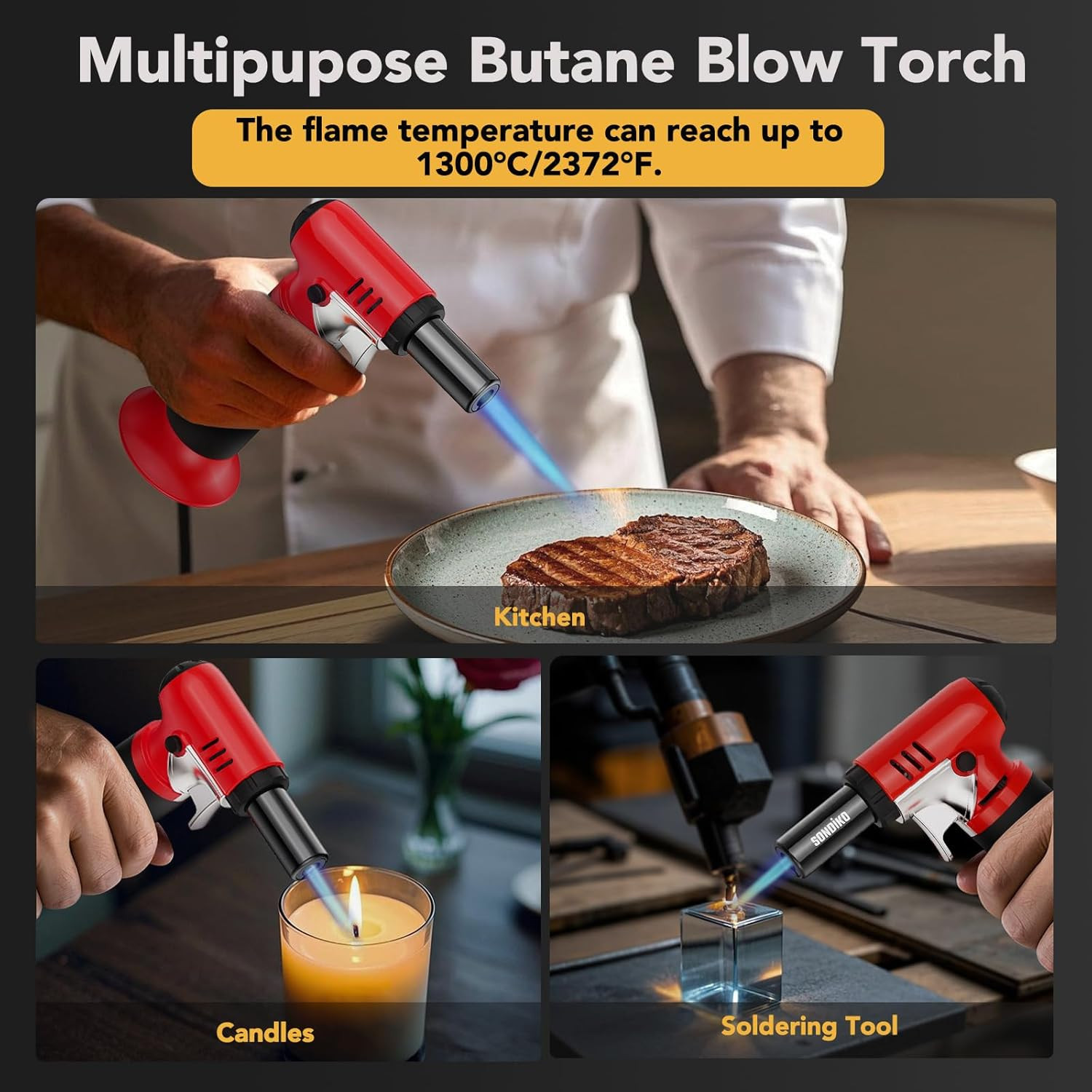 Butane Torch Lighter with Visible Fuel Window, Refillable Soldering Torch with A