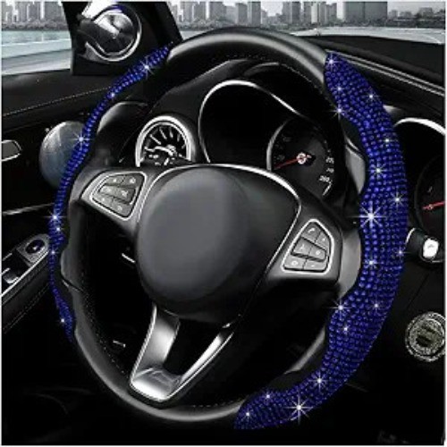 2PCS Steering Wheel Cover, Sparkling Rhinestone Segmented Steering Color: Blue