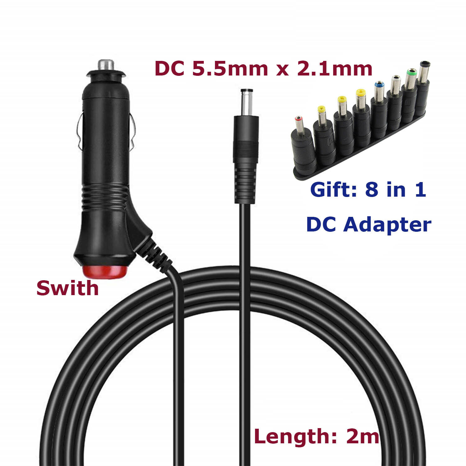 Car Cigarette Lighter Charger DC 5.5mm x 2.1mm Power Cable w/ Switch Car Monitor