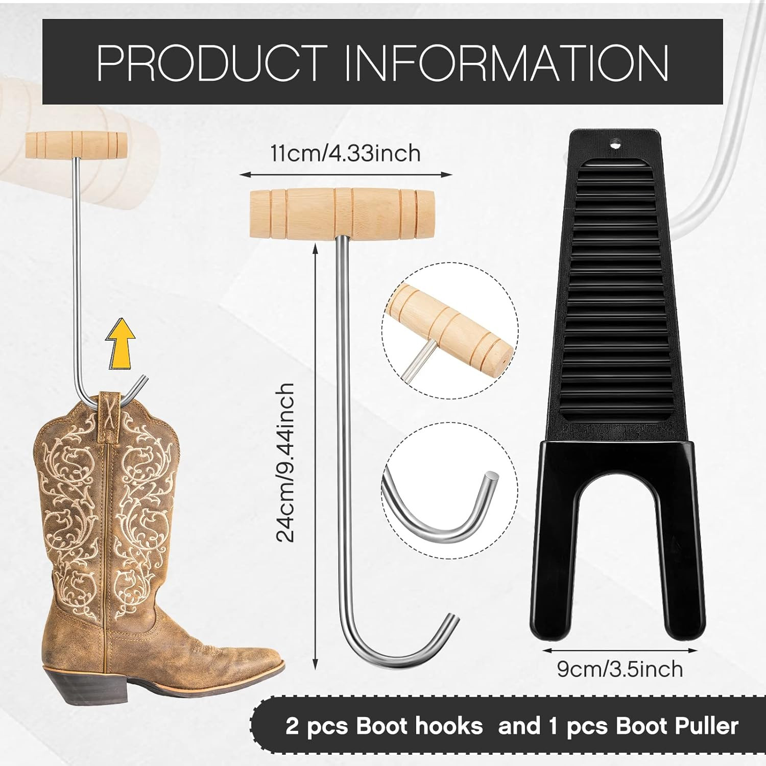 3 Pieces Cowboy Boot Hooks Long Shoes Pull and Boot Puller Set with Long Handle