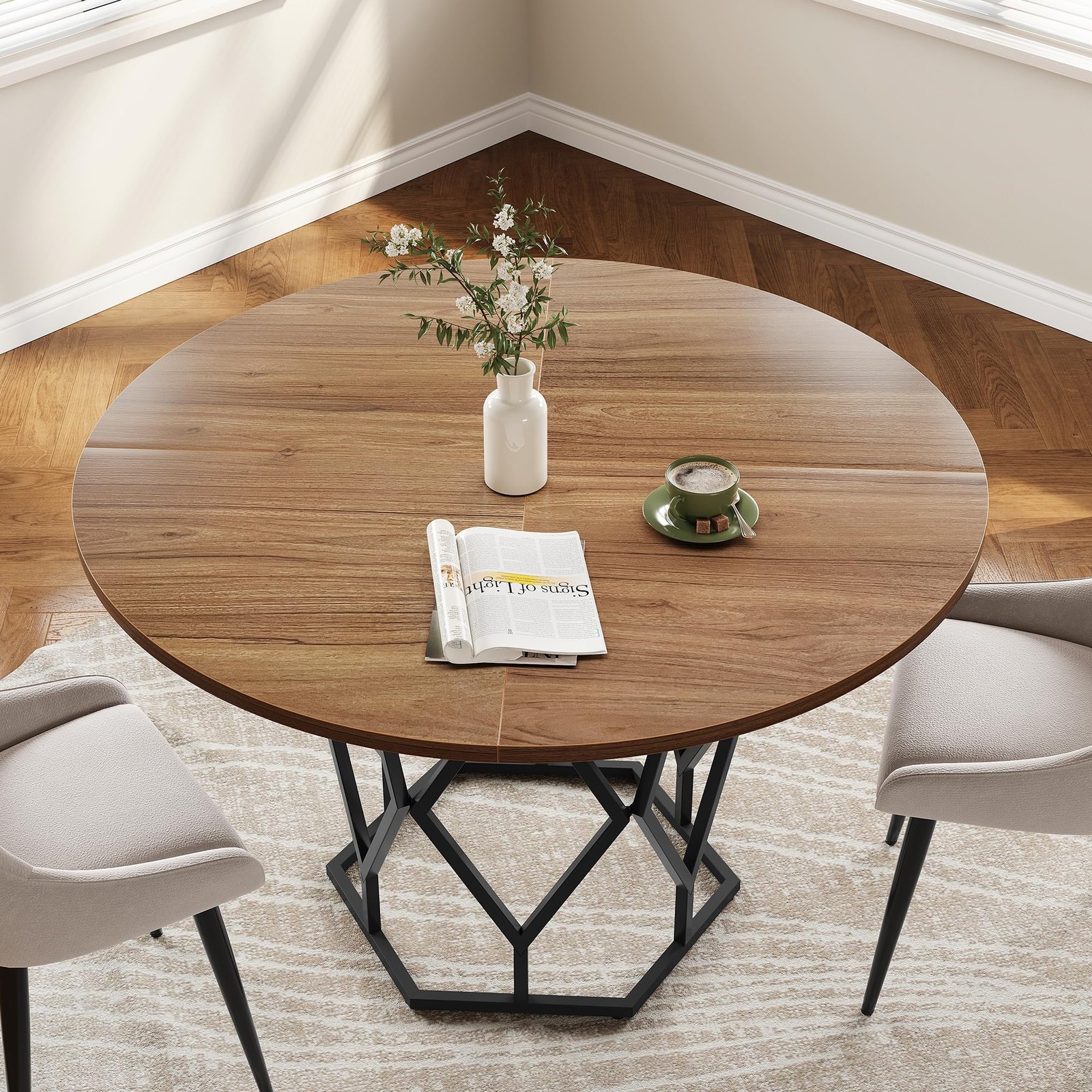 47'' Round Dining Table,Rust-Proof Metal Base, Stable Streamlined Design for 4-6