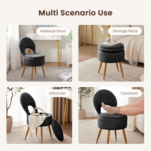 Vanity Stool with Storage and Backrest, Folding Back & Velvet Sherpa Black