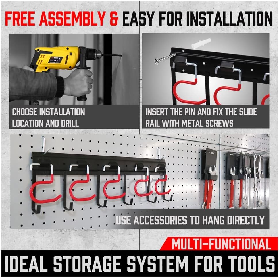 68” Metal Garden Tool Organizer Hooks - Wall Mount Storage System for Yard Tools