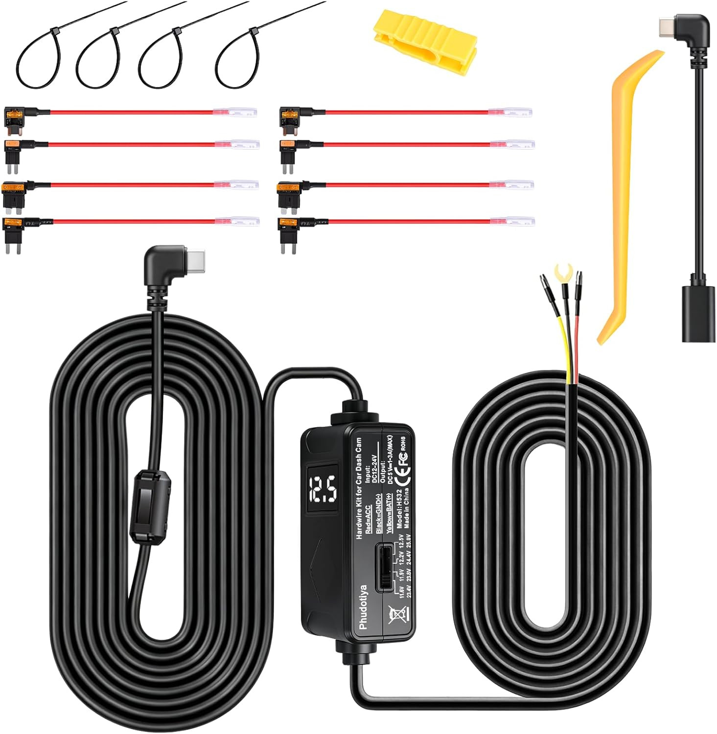 USB-C Dash Cam Hardwire Kit with Acc Detection, LED Display, 4-Level Adjustable