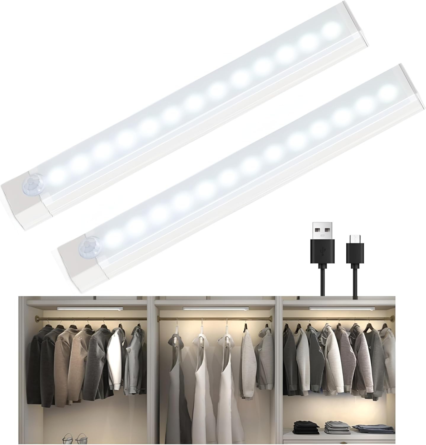 Crisp Daylight White Motion Sensed Closet Lights - 2 Pack, USB-C Rechargeable