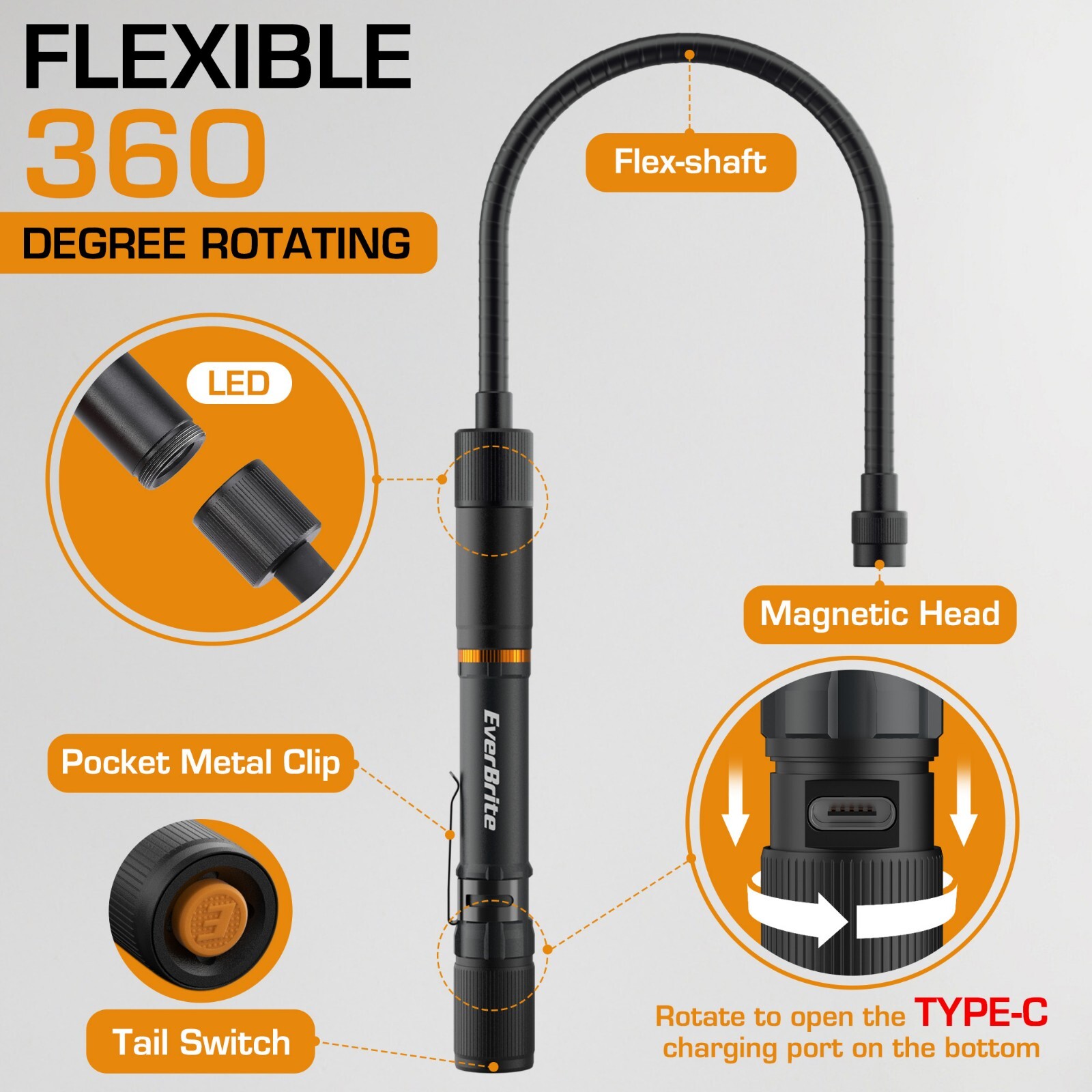 1 x Multi-Functional Rechargeable Work Light w/3 Light Modes Flexible Black