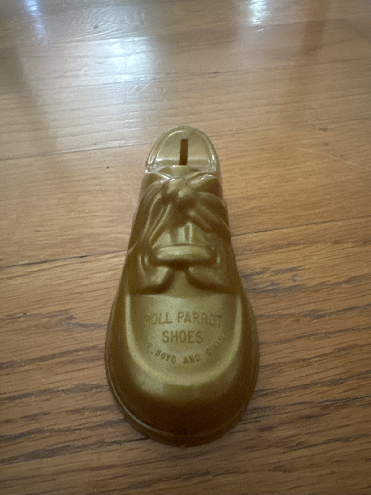 Vintage Small Piggy Bank plastic BABY SHOE poll parrot shoes  Advertising Gold