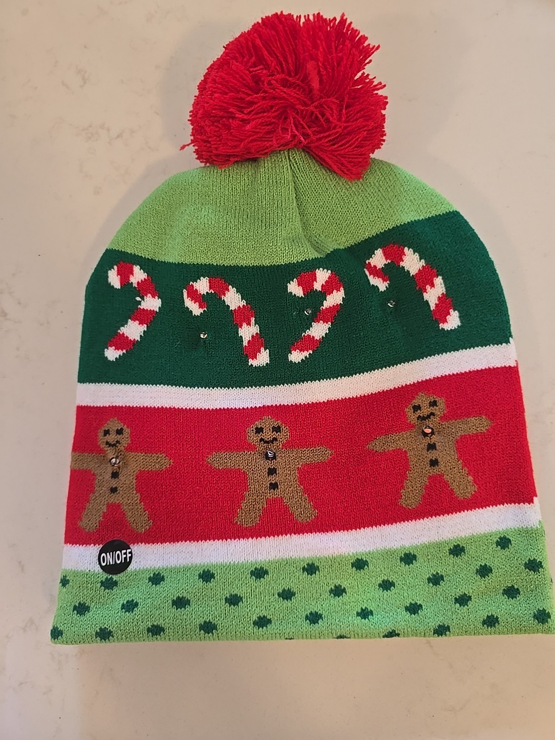 Gingerbread  LIGHT UP Christmas Hat - Red Knitted Beanie Holiday Hat with Deer