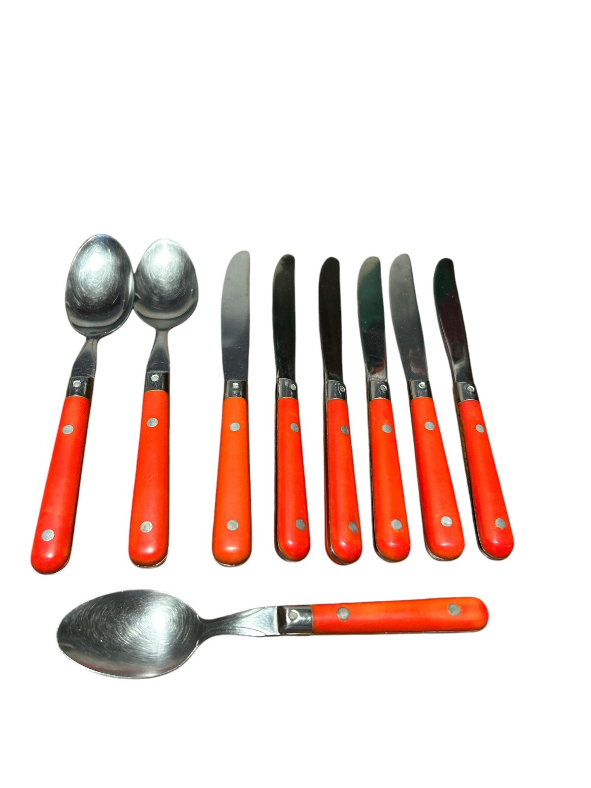 Stainless Steel Korea Red Handle Mixed Lot 9 Pieces Spoons & Knives