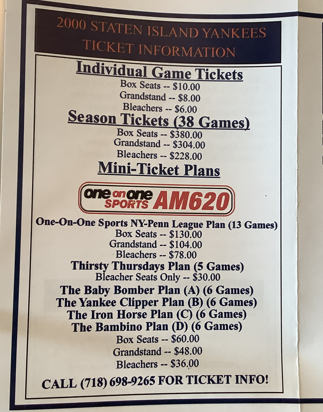 Yankees Champions Staten Island NYC 2000 Pocket Schedule Single-A Affiliate