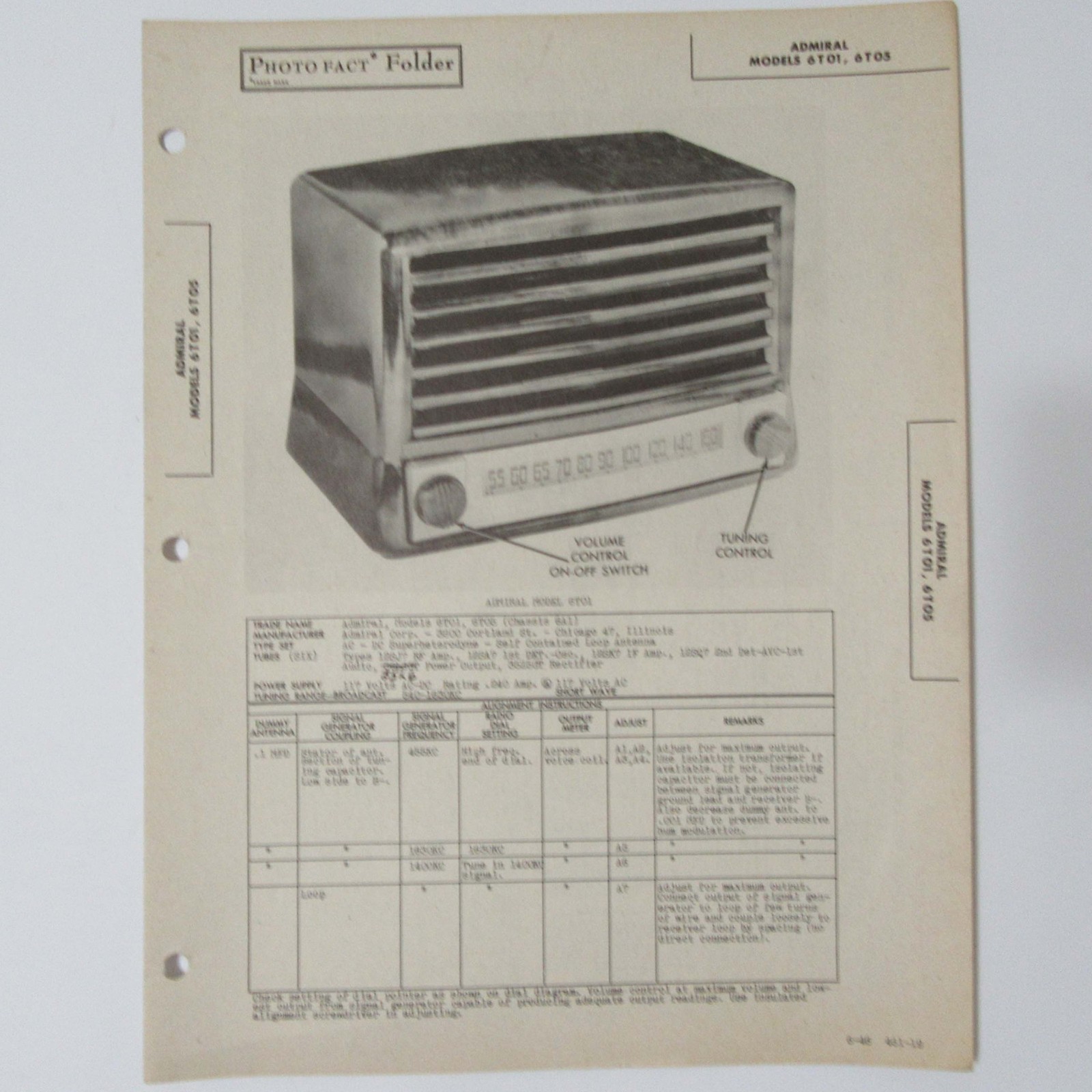 Admiral Models 6T01 6T05 AM Table Top Radio SAMS Photofact ™ 1946