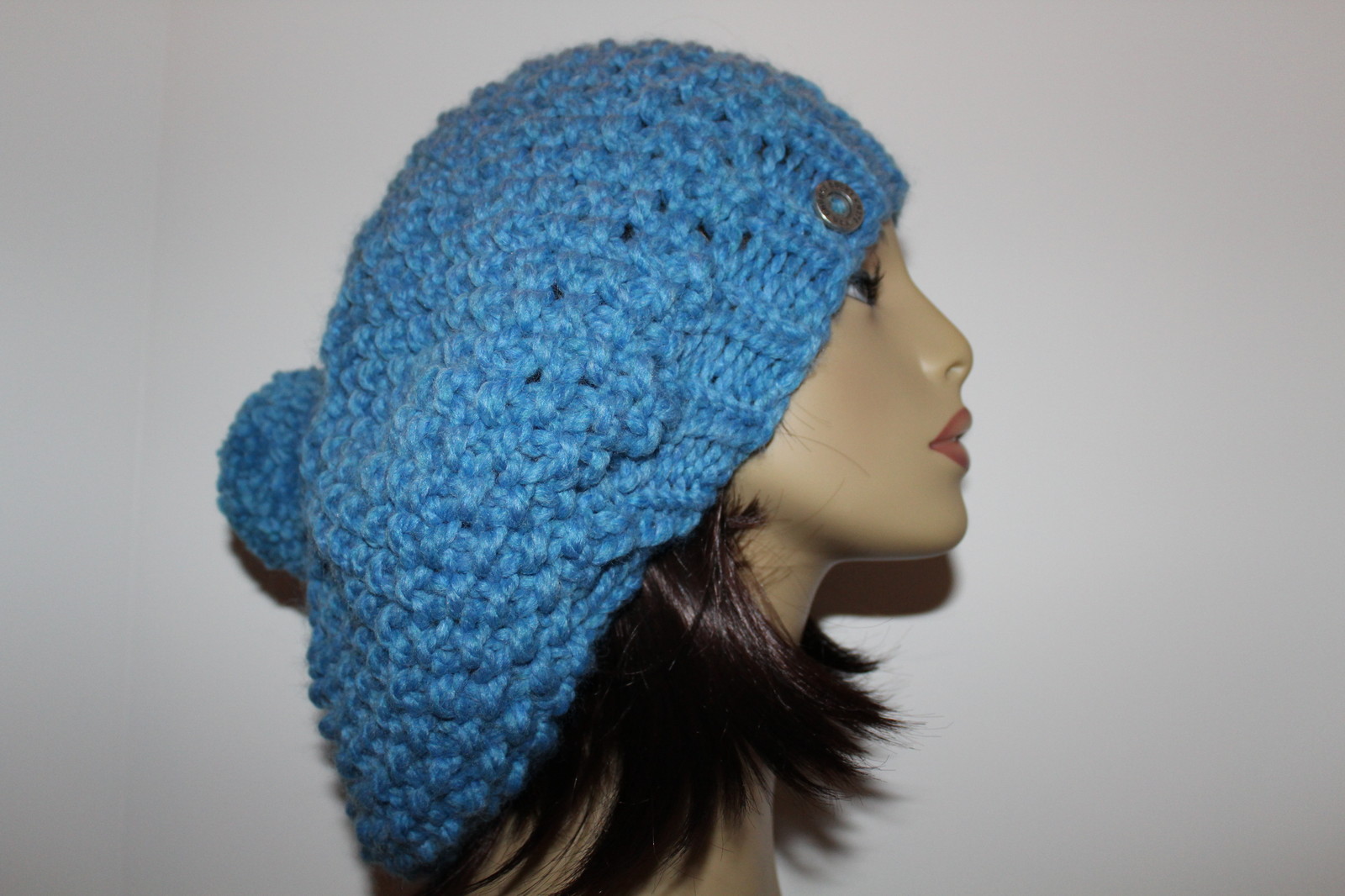 Chunky Hand Knit Boho Chic Sky Blue Over Sized Unisex Slouch Pom Pom Hat
