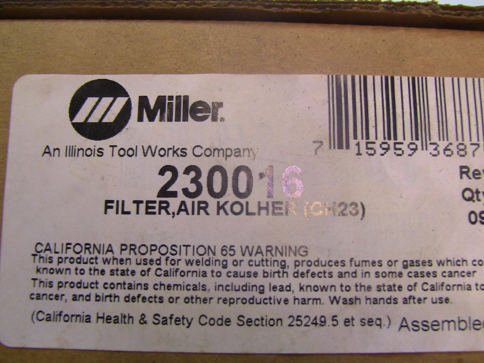 Miller Electric 230016 Air Filter, For Kohler Ch23 Engine