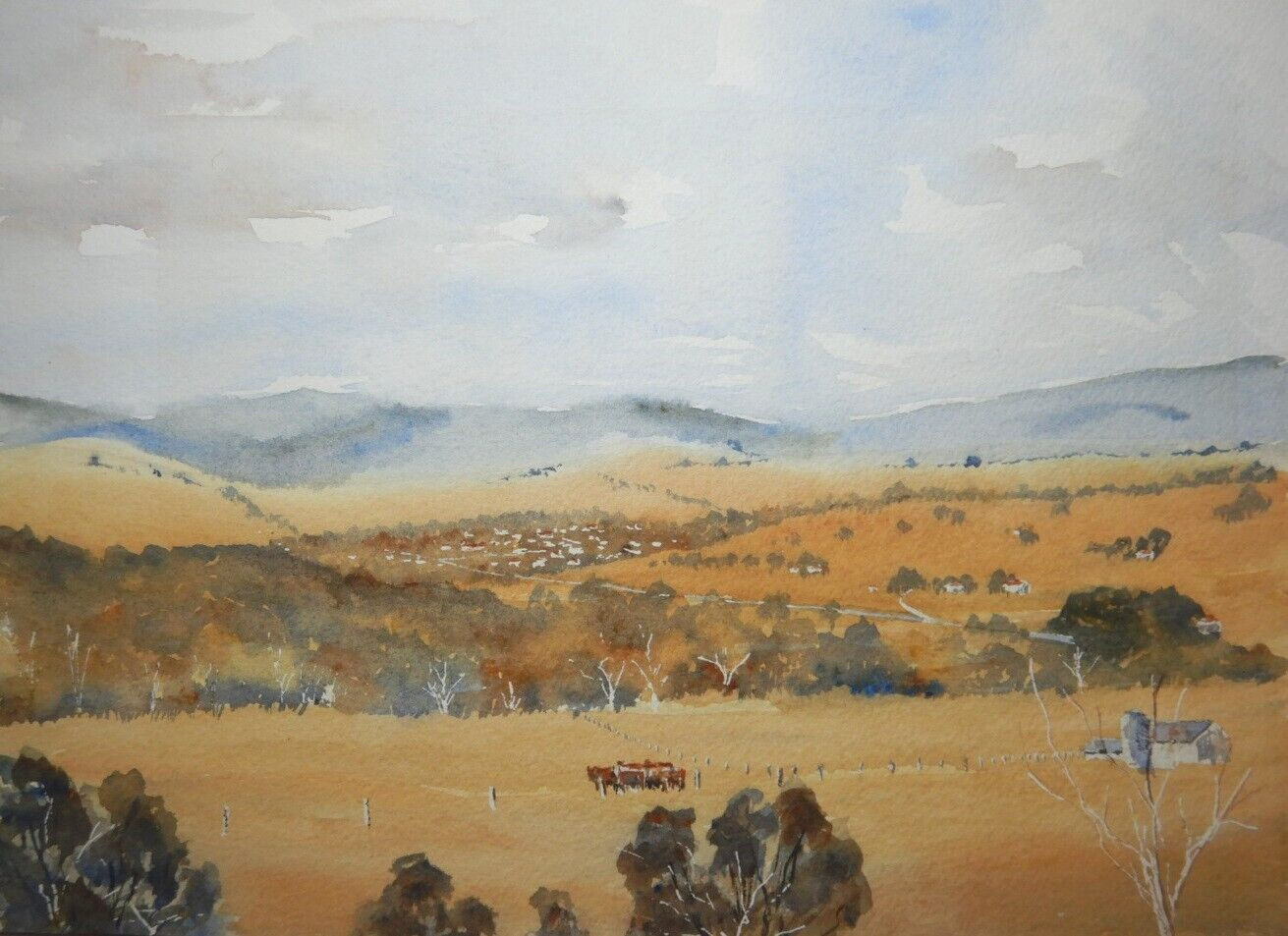 AUSTRALIAN WATERCOLOUR ON ART PAPER  COUNTRY VIEW TO THE TOWN    P148