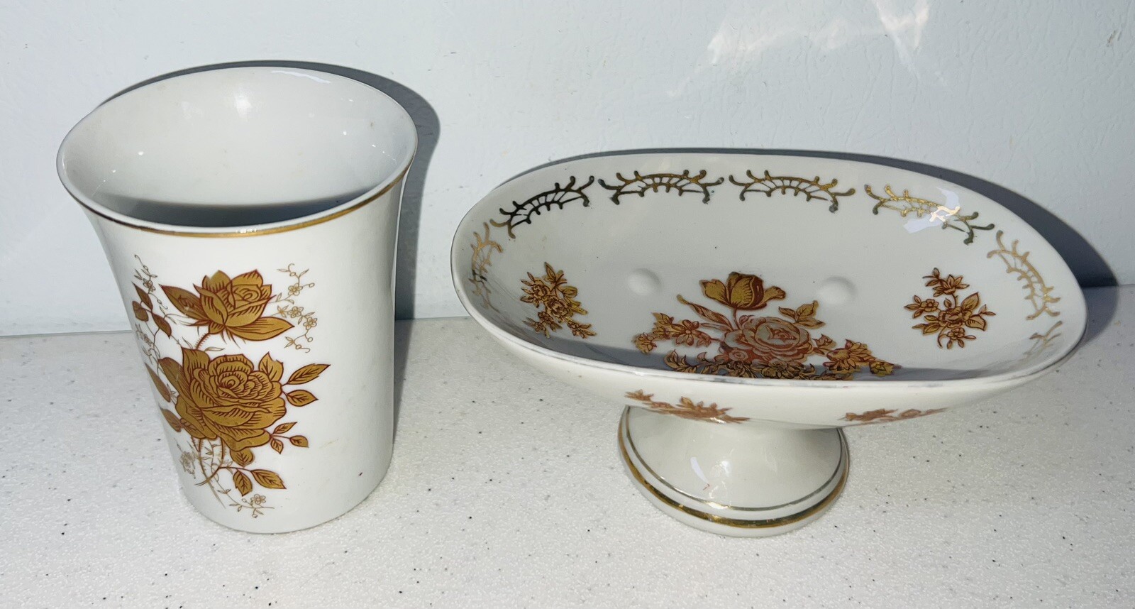 Vintage Porcelain Soap Dish and Cup GILDED ROSES 14136 VBL18B