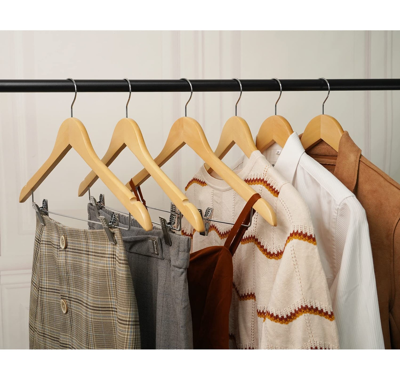 16Pack Wooden Hangers Skirt Hangers with Clips, Solid Wood Pants Hangers Natural