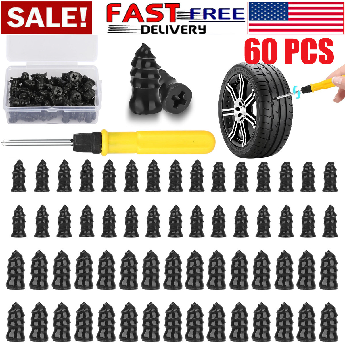 60PCS Car Vacuum Tire Repair Nails Rubber Screw Nail + Screwdriver Fast Tool Set