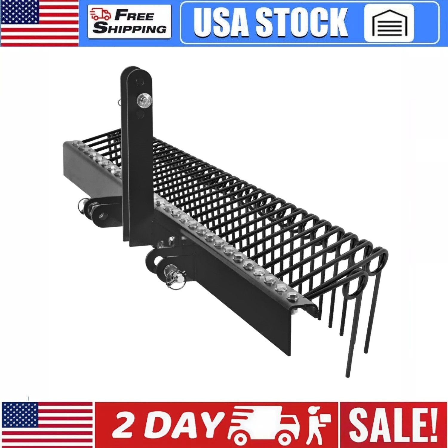 60" Pine Straw Rake Landscape Rake W/3 Point Hitch Receiver Attachment 26 Coil