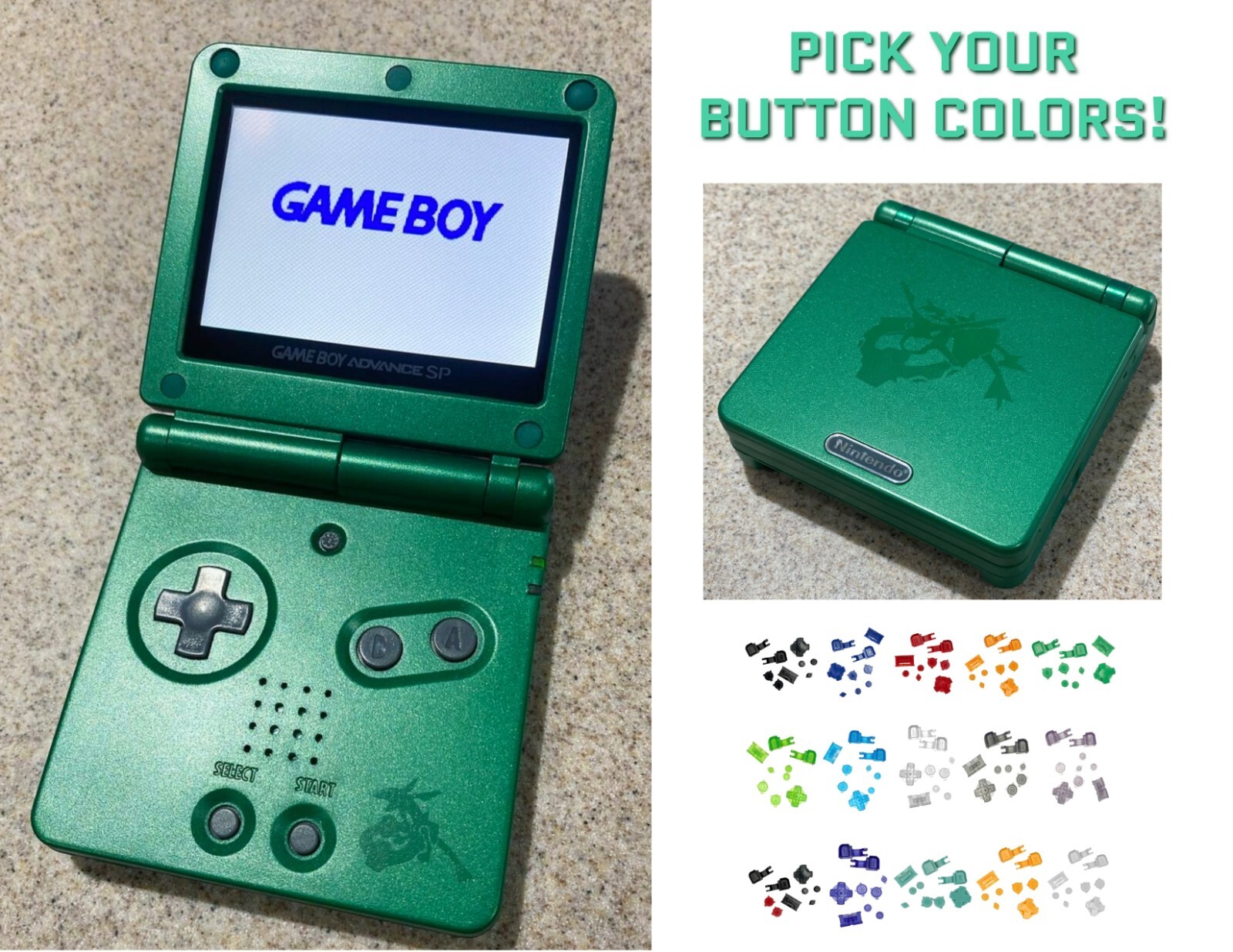 Nintendo Game Boy Advance Green GBA SP System IPS LCD Pokemon RAYQUAZA BUTTONS