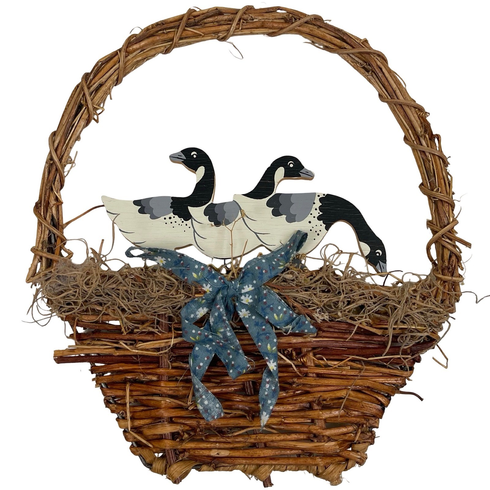 Vintage Wicker Basket Wall Hanging Country Goose Wood Brown 80s 90s Cottagecore