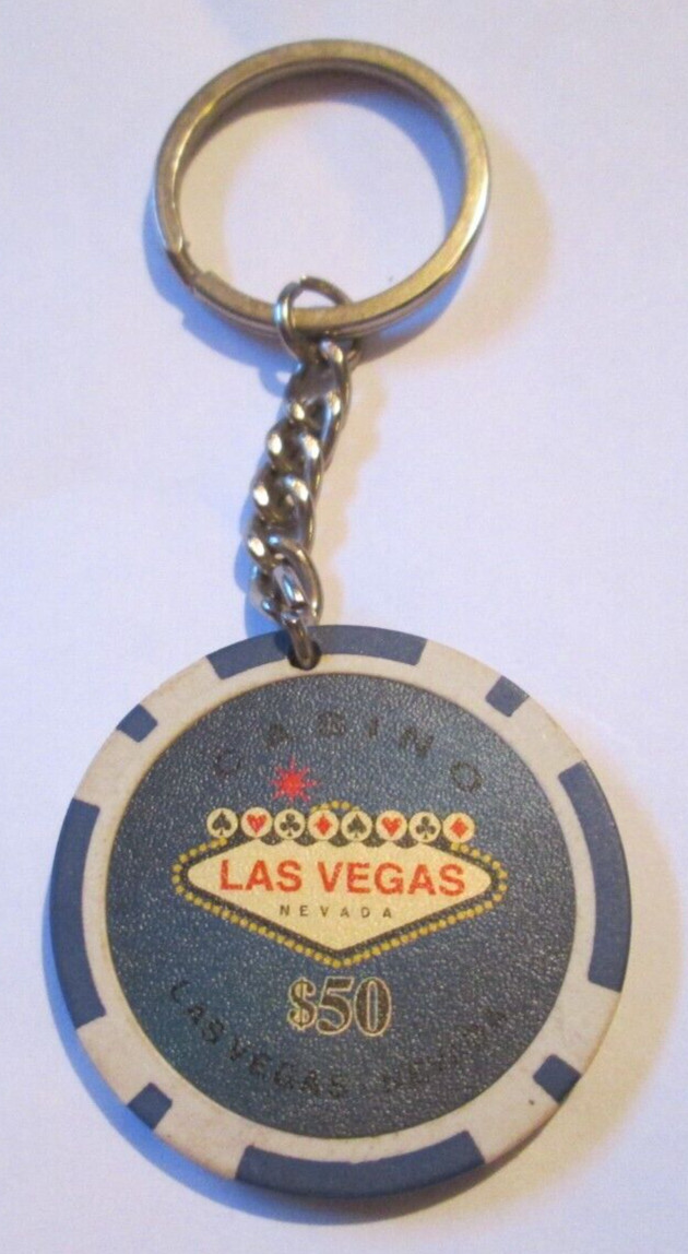VINTAGE Keyring Chain Lucky Poker Chip $50 "WELCOME TO FABULOUS LAS VEGAS NEVADA