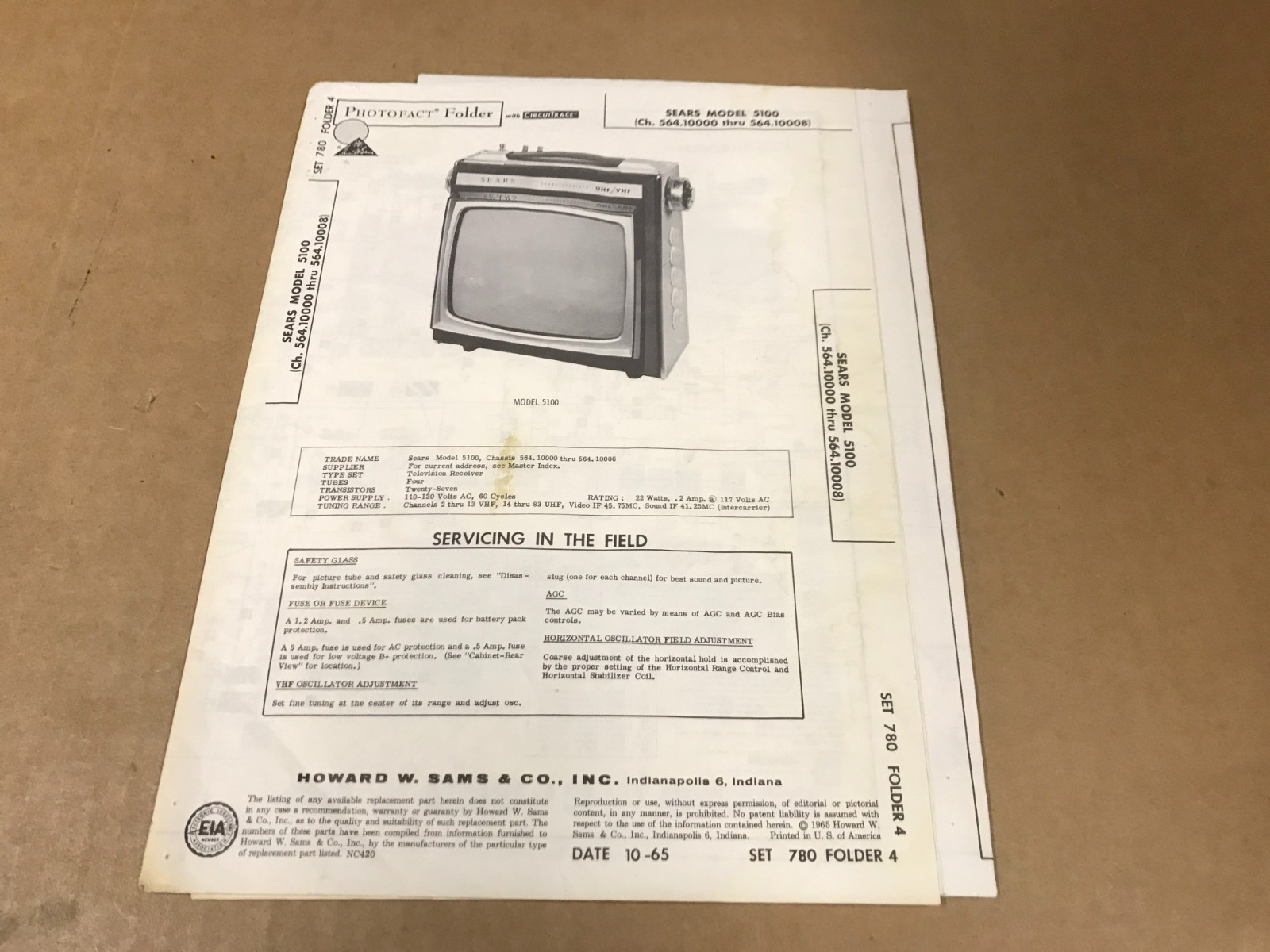 Vintage Photofact Folder - 780-4 - Sears TV Model 5100