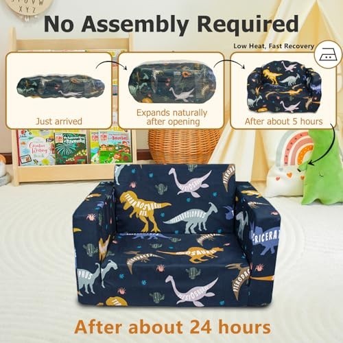 2-in-1 Kids Fold Out Couch & Lounger, Soft Toddler Sofa for Boys & Girls, Dinosa