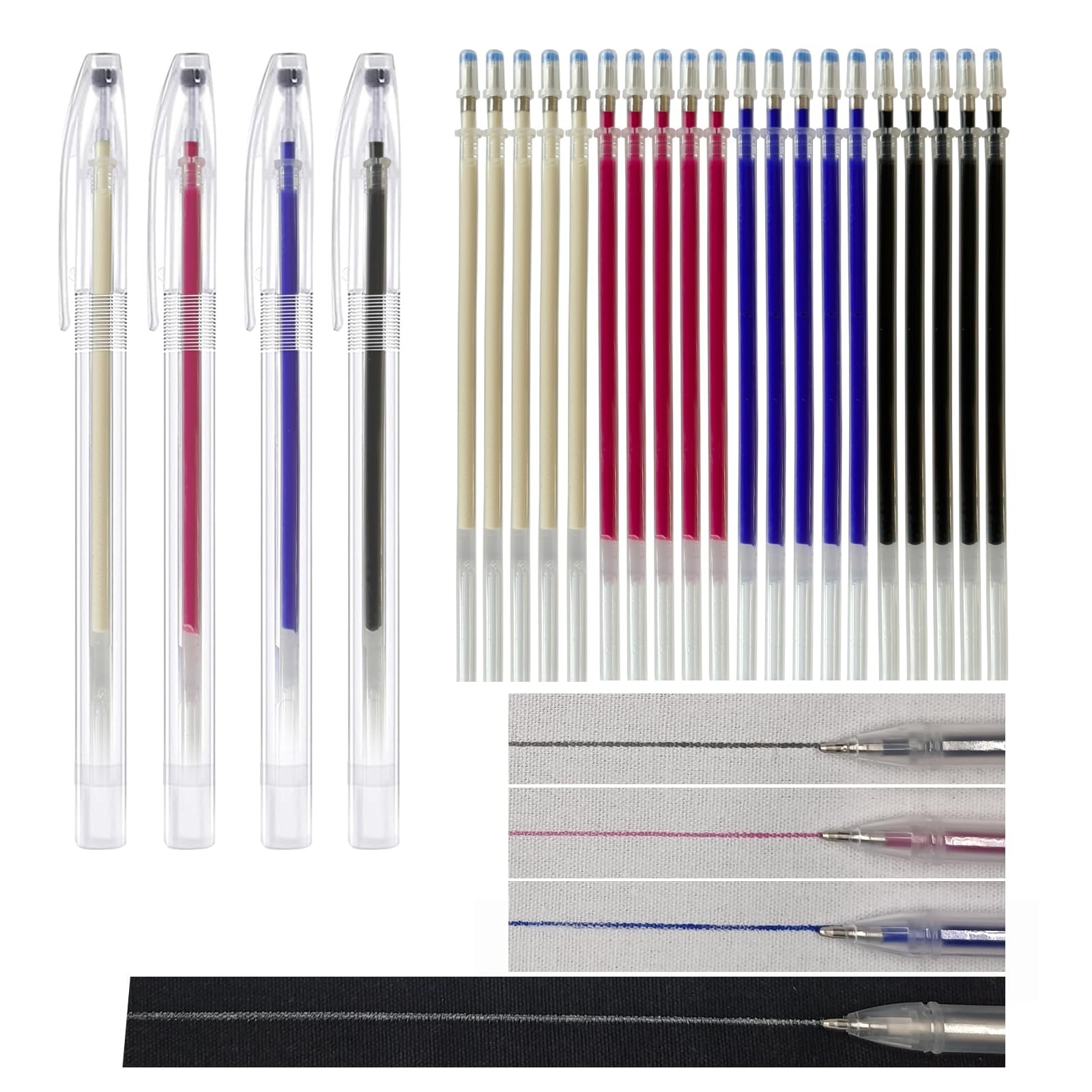 4 Heat-Erasable Fabric Pens (Red/Blue/Black/White) + 20 Refills – For Quiltin...