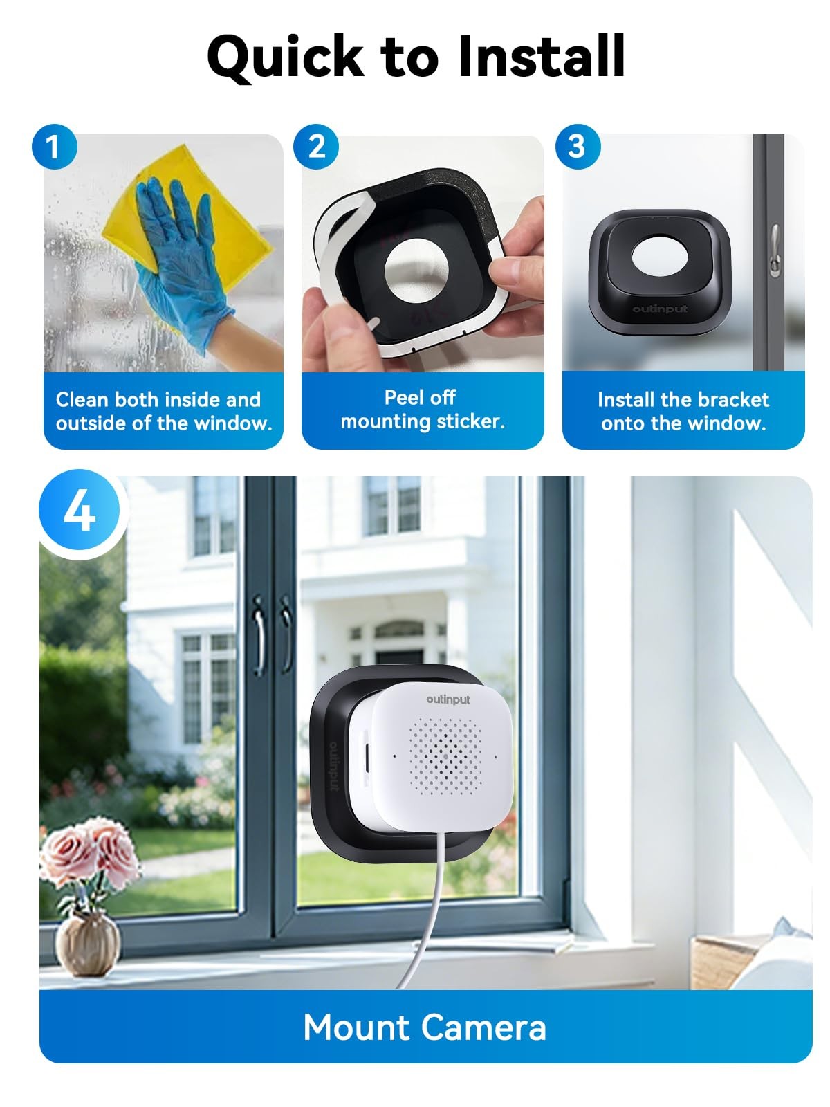 Outinput 3MP 2K No Drill Window Camera for Home Security, 1-Pack, White