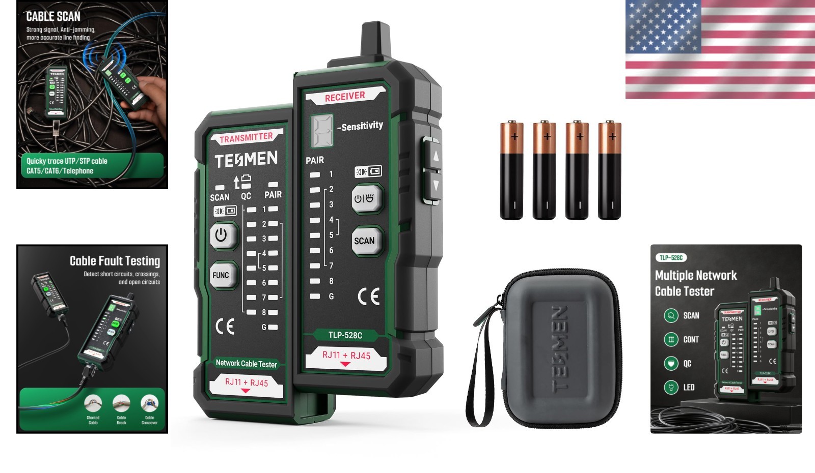 Compact RJ11 RJ45 Network Cable Tester & Wire Tracer - Green