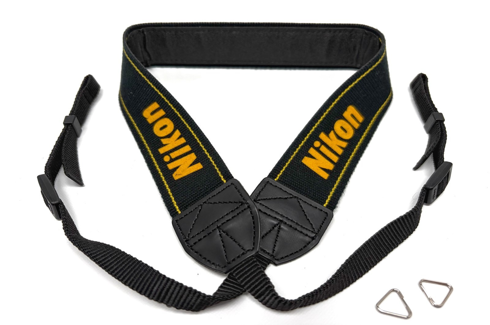 FREE SHIPPING Genuine Nikon Camera Strap Black Yellow Logo With 2 Triangle Rings