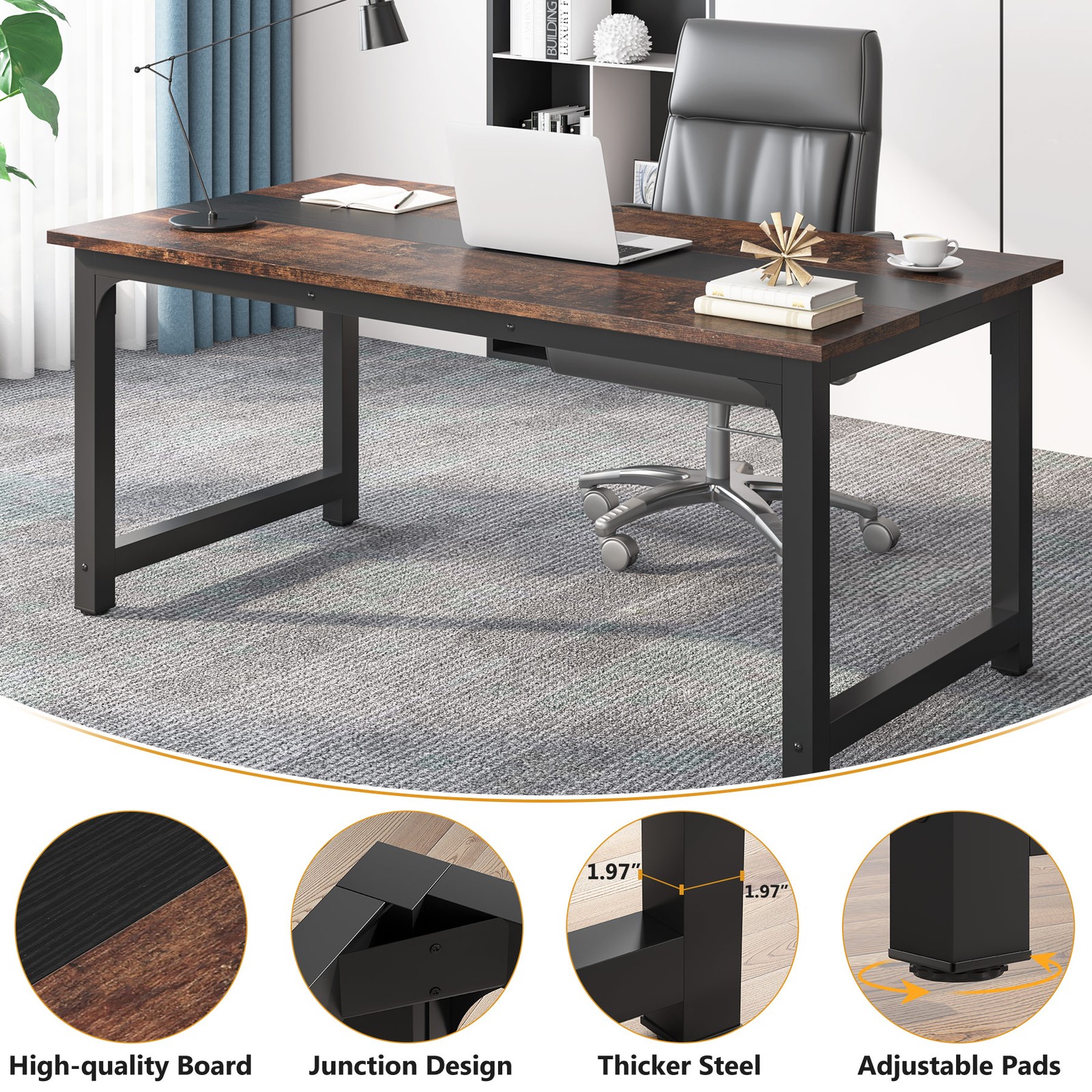 63 Inch Modern Executive Desk, Large Office Computer Desk with Thicken Frame