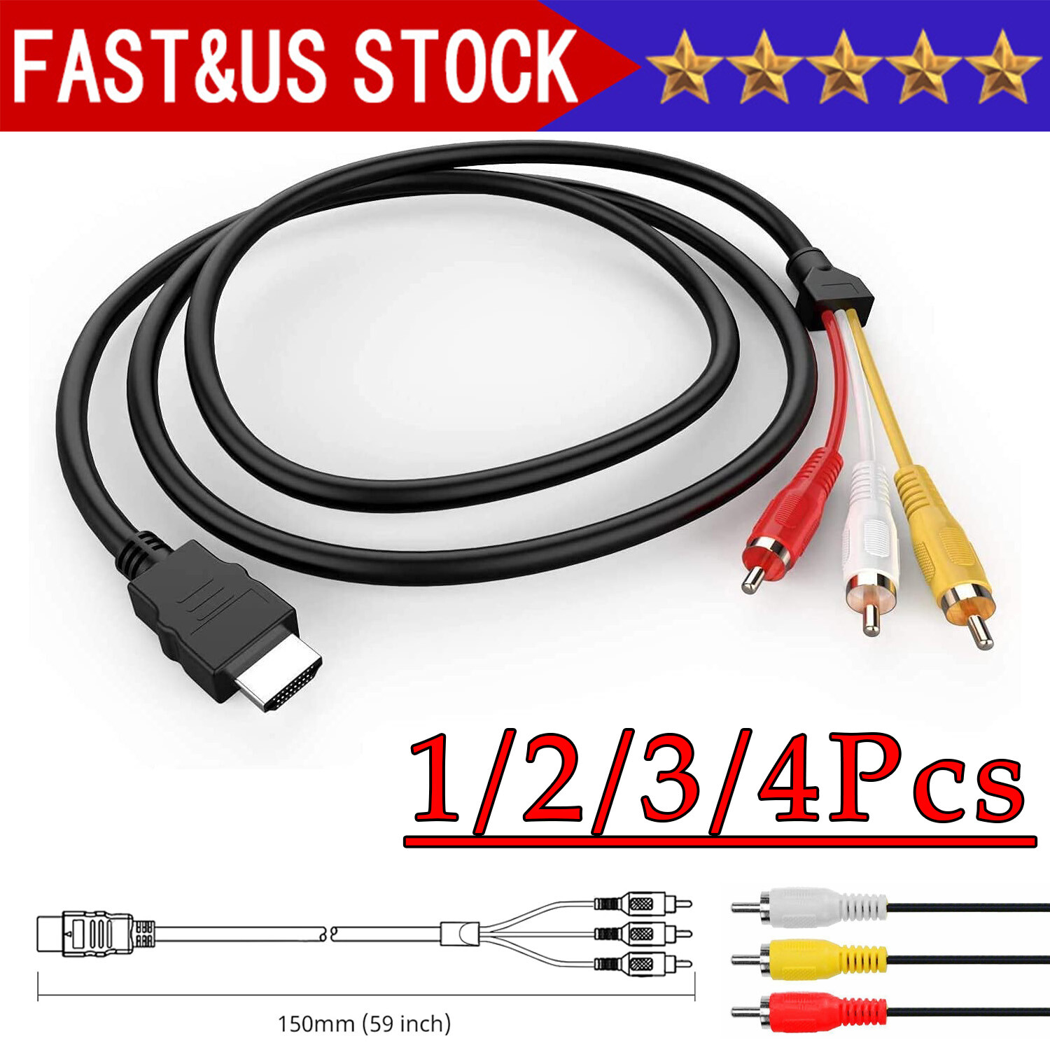 1080P HDMI Male to 3 RCA S-video AV Audio Cable Cord Adapter for TV HDTV DVD US