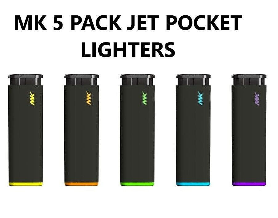 MK PACK OF 5 Assorted Colors Jet Black Windproof Style Pocket Lighters (702003)