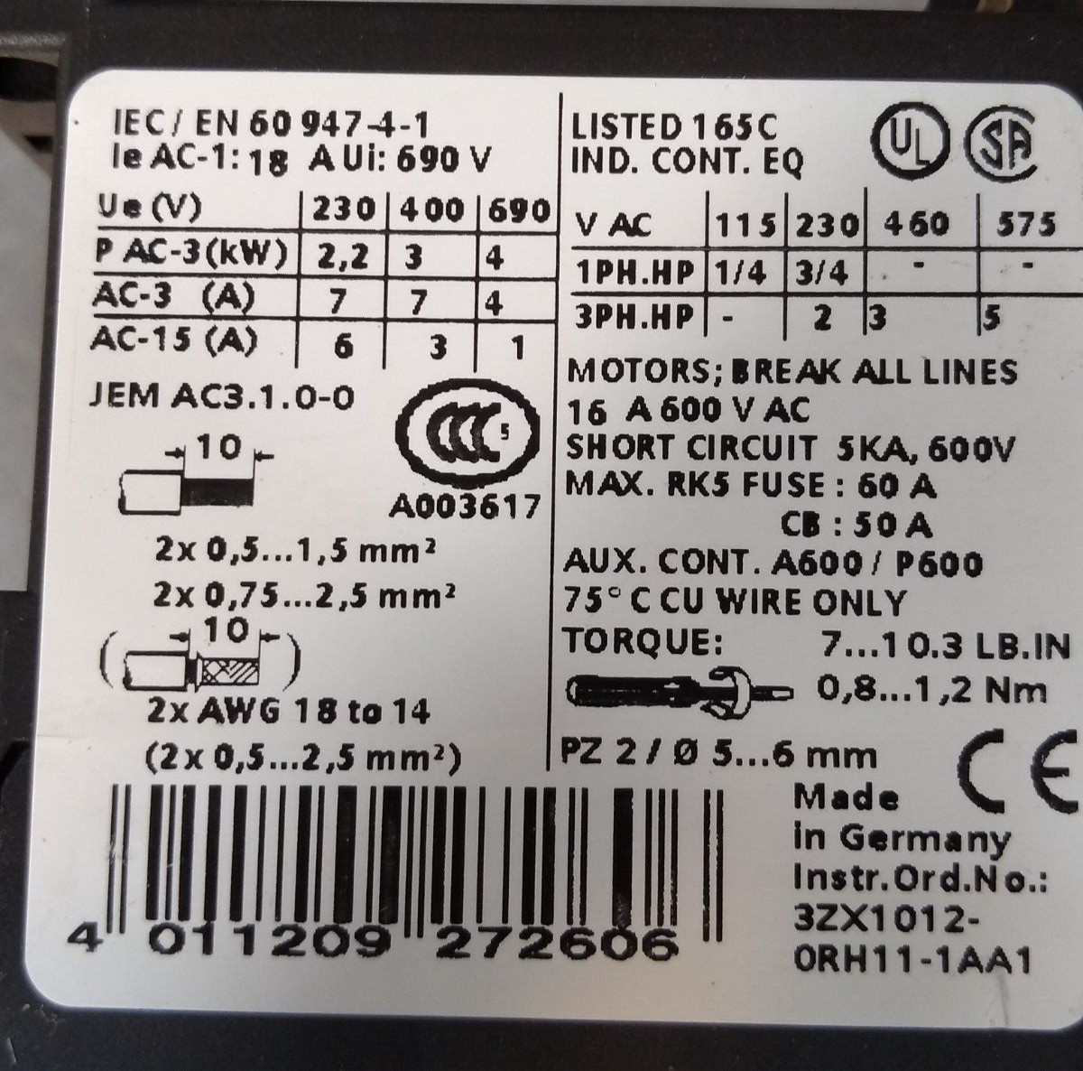 Siemens 3RT1015-1JB41 Contactor Loc4E2