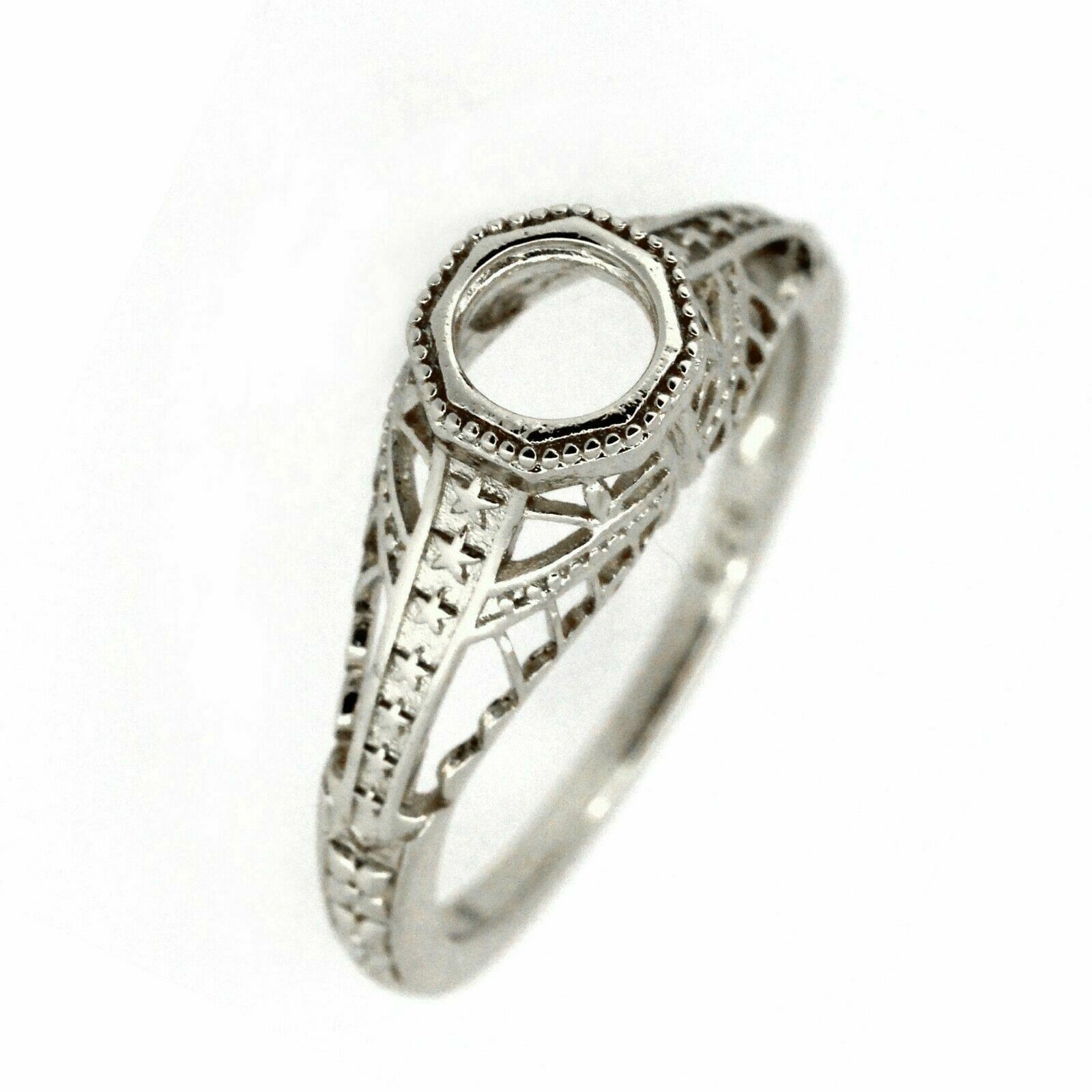 Art Deco Style Sterling Silver Semi Mount Ring Setting Round RD 5x5mm