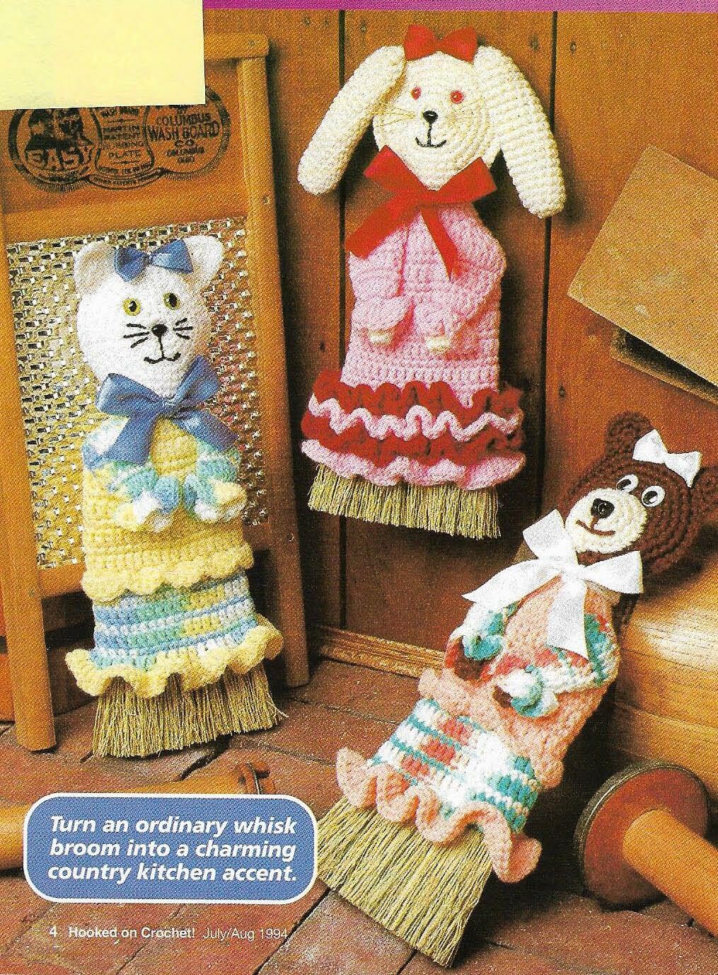 3 WHIMSICAL WHISKS BROOM BEAR CAT BUNNY DIGEST SIZE CROCHET PATTERN INSTRUCTIONS