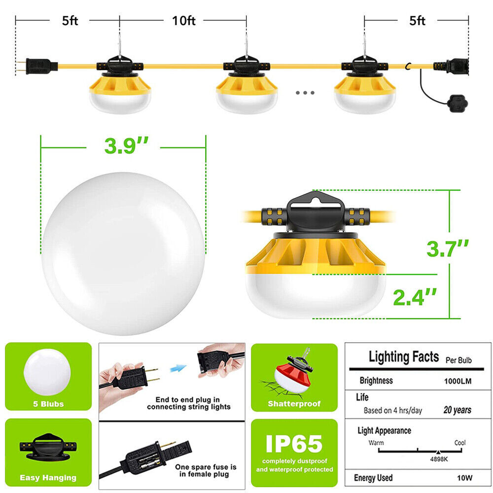 50FT Construction String Lights LED Industrial Grade Best Bright Work Light US