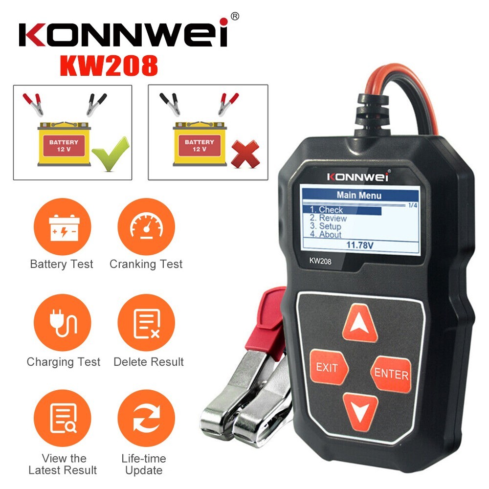 KONNWEI KW208 Car Battery Tester 100-2000CCA Cranking Charging Circut Tester 12V