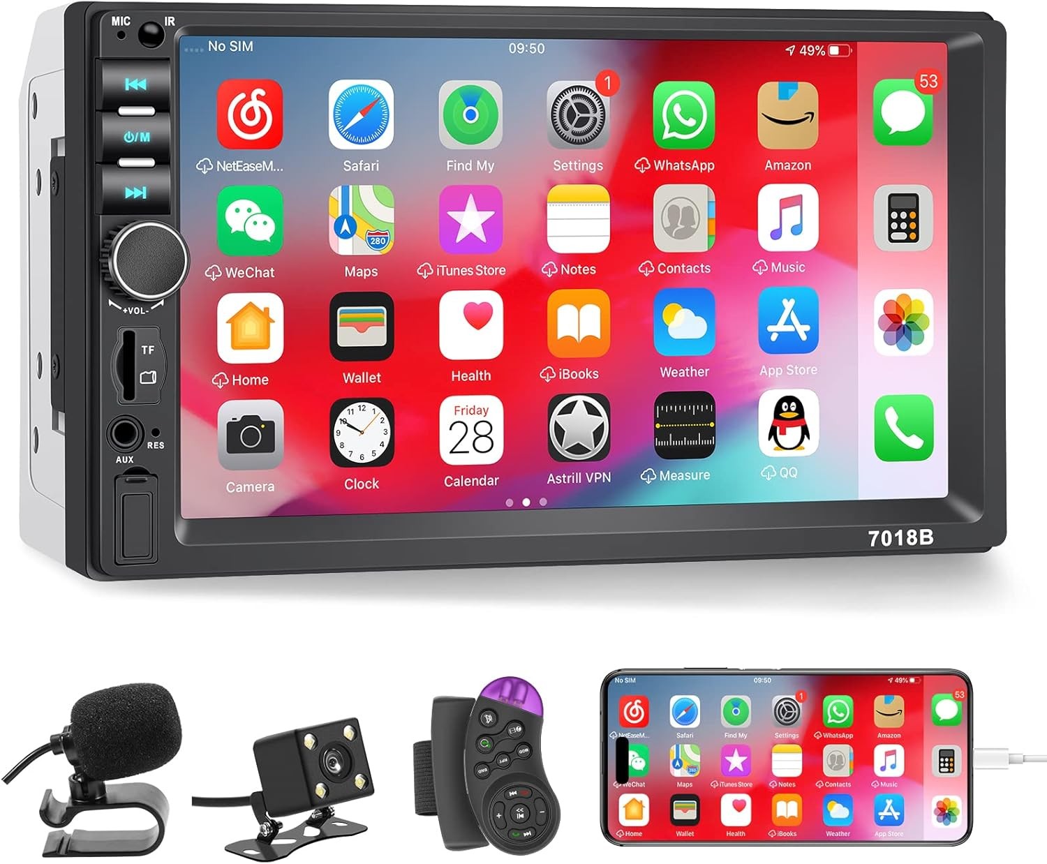 7' Touchscreen Double Din Car Stereo with Backup Camera Microphone